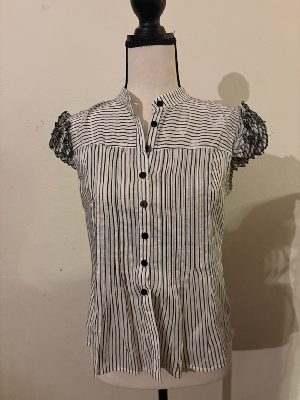 Cynthia Steffe Black and White Striped Cap-Sleeve Button-Down Top